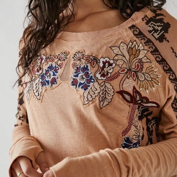 Free People Tan Embroidered Long Sleeve Top - Picture 2 of 15